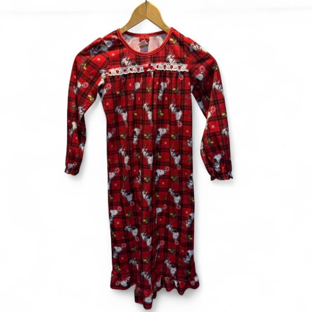 Peanuts Snoopy and Woodstock Red Plaid Holiday Christmas Flannel Nightgown Med